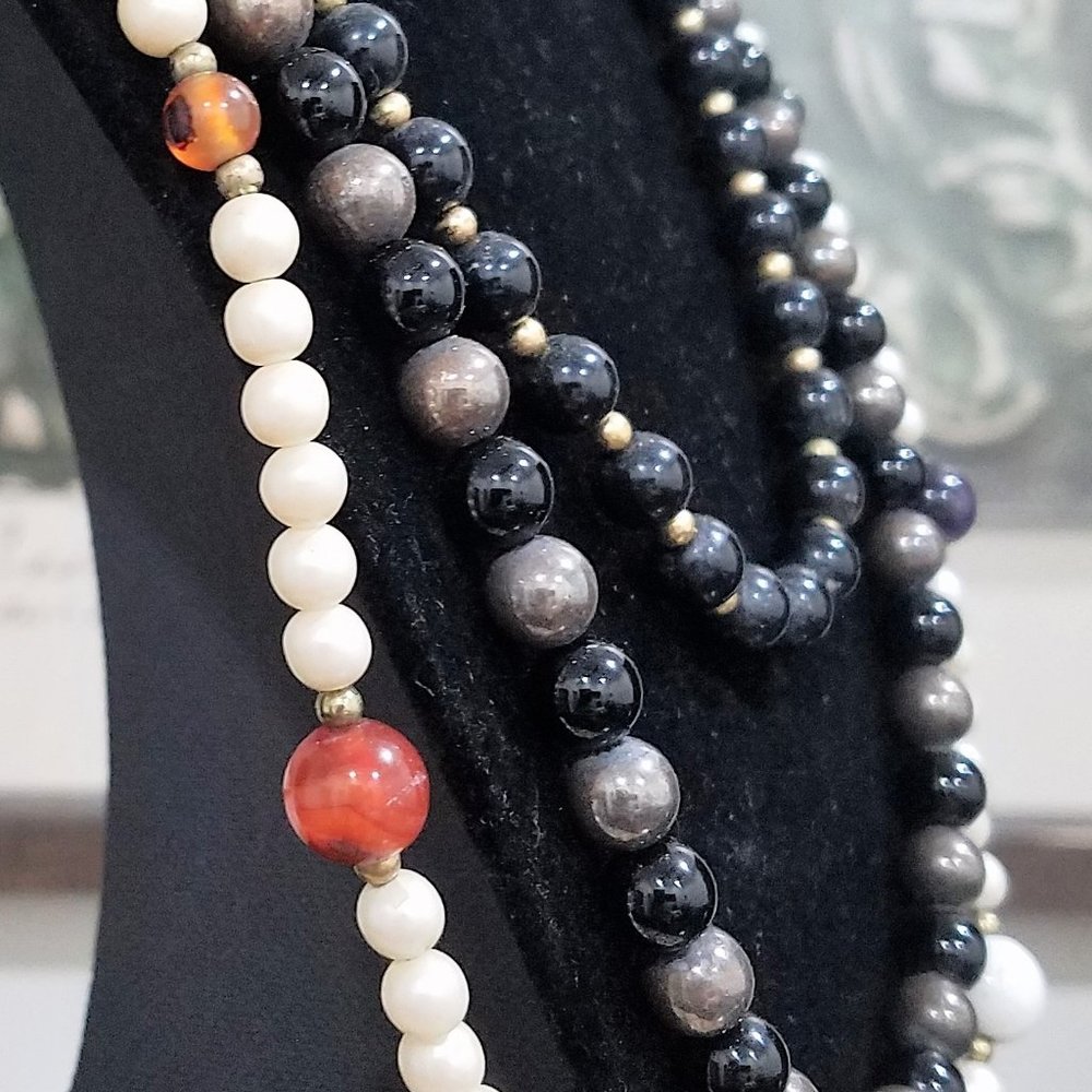 Vintage 3 NECKLACE SET stone brass VGUC - Picture 5 of 8